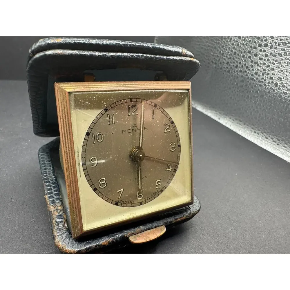 Vintage Rensie Germany Travel Alarm Clock 7 Jewels Genuine Leather Case